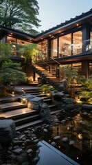 b'Courtyard with a Zen garden and a pond'