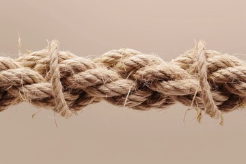 b'Close up of a fraying rope against a beige background'