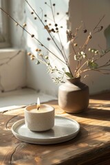 b'Scented candle on a wooden table near a vase with dried flowers'