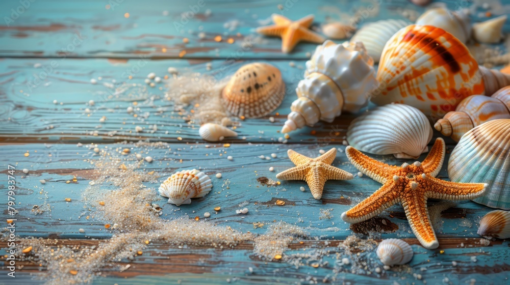 Fototapete a collection of seashells and starfish on a wooden table. the seashells are scattered around the sta