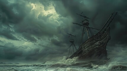 A ship is seen in the water with a stormy sky in the background. Scene is dark and ominous