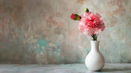 An image of a pretty pink carnation displayed in a white vase against a soft neutral backdrop perfect for Mother s Day or Father s Day flower gifting