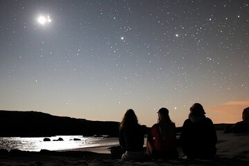 On a clear night at Cofete beach, Fuerteventura, families gather around a campfire, sharing stories and pointing out constellations in the sky 8K , high-resolution, ultra HD,up32K HD
