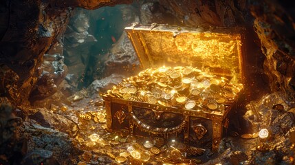 A gold chest full of gold coins is shown in a cave. The chest is open and the coins are scattered around it. Scene is one of wealth and abundance