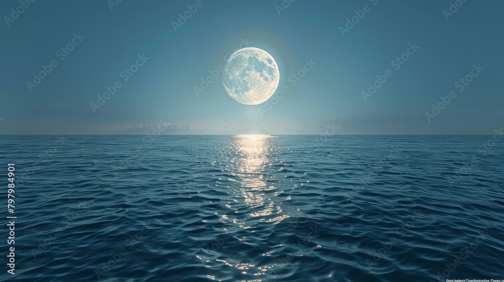 Aufkleber a large moon is reflected in the calm ocean waters. the scene is serene and peaceful, with the moon 