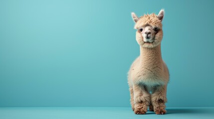 A fluffy llama or alpaca standing on a blue background
