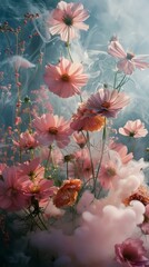 b'Pink cosmos flowers in the mist' - obrazy, fototapety, plakaty