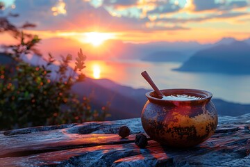 Calabash with mate tea and bombilla on wooden table outdoors at sunset. Space for text