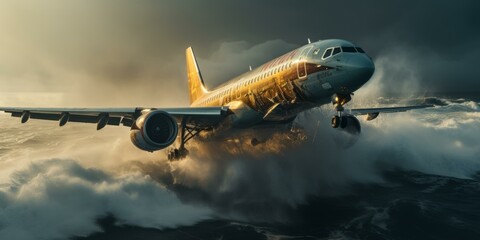 airplane flying over the sea during a storm