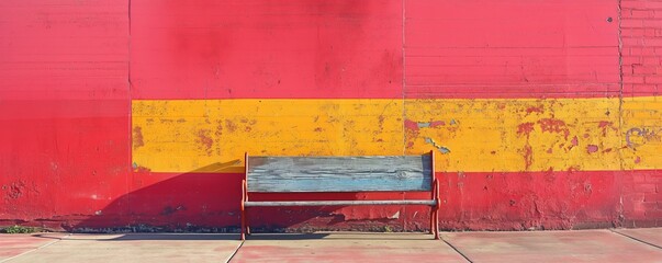 Bench against vibrant red and yellow wall