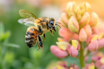 b'A bee pollinating a flower' - obrazy, fototapety, plakaty