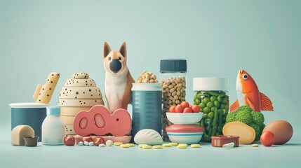 Pet Care Nutrition: A 3D vector illustration showcasing proper pet nutrition