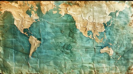 A map of the world is shown with a blue and brown color scheme. The map is made of paper and he is old and worn. The colors and texture of the map give it a vintage and nostalgic feel
