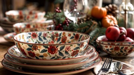 Fototapeta premium Seasonal Decor Festive Dinnerware: Photos of festive dinnerware sets with seasonal motifs