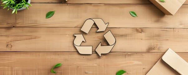 Recycle symbol with leaves on wood background