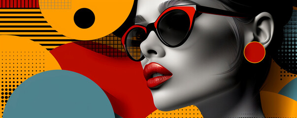 A woman with red lips and sunglasses is the main focus of the image