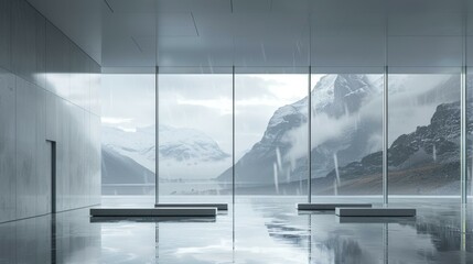 Minimalist landscape of snowy mountains and lake with large glass windows