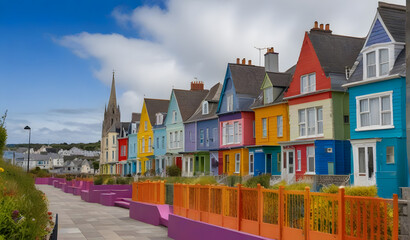 The picturesque and colorful Deck of Cards, a row of brightly painted townhomes, is seen from the Garden of Reflection park in the coastal town of Cobh, Ireland, Cork County.
