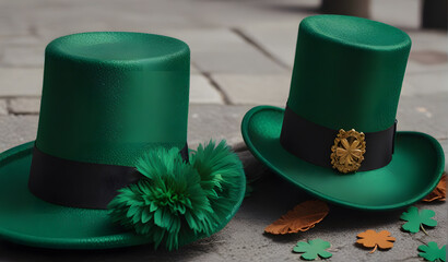 St Patrick's Day hats and clovers on festive street 