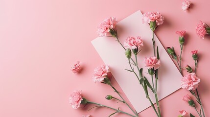 A splendid arrangement of carnations adorns a pristine notepad set against a soft pink backdrop in this charming flat lay Celebrating the essence of Mother s Day this holiday card exudes wa
