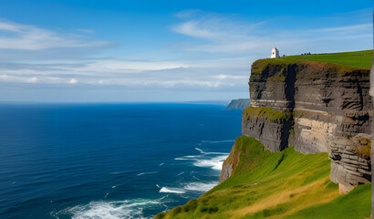 Spectacular view of famous Cliffs of Moher and wild Atlantic Ocean, County Clare, Ireland.
