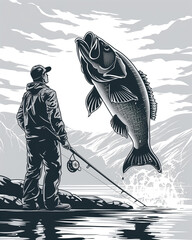 A man is fishing with a large fish in the background