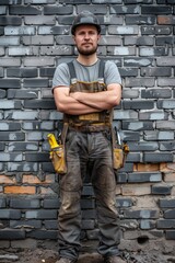 Builder with tool belt in front of bricks