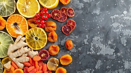 Beautiful mixture of dried fruits on a dark stone background. Food advertising. Banner, menu.