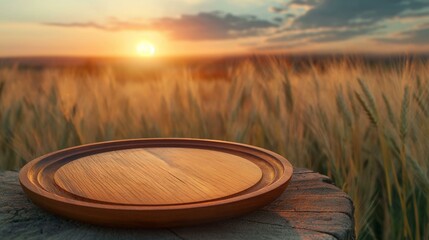 Obraz premium Rustic Wooden Plate on Stone Table Overlooking Golden Wheat Field at Sunset