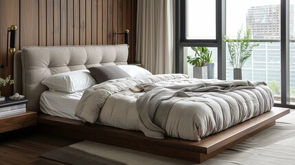 b'Comfy and Modern Wood Platform Bed with Cushioned Headboard'