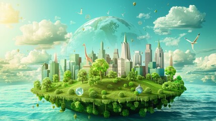 Sustainable Living Technology: A 3D vector illustration showcasing innovative technologies for sustainable living