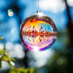 b'Crystal ball hanging from a tree branch with a forest scene inside'