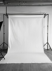 b'A photo studio with a large white backdrop and lighting equipment'