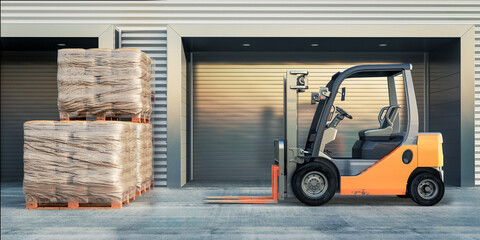 Forklift ready for loading goods at the gates of a warehouse (bags of cement) - 3D Visualization © 4th Life Photography