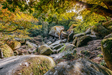 Rock formations in the forest. The Chaos of the forest of Huelgoat. cradle of numerous Celtic legends. Finistère, Brittany, France.