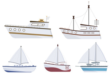 PNG, Sea ship. Set of flat yacht, boat, steamboat, ferry, fishing vessel, tugboat, pleasure boat, cruise ship. Sailboat isolated on white background. Ocean transport concept. Vector illustration