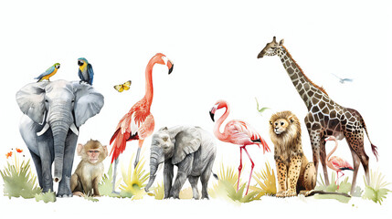 Exotic Wildlife Galore: A Vibrant Watercolor Journey through the Savanna's Majestic Beauty
