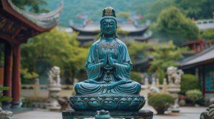 b'Guanyin statue in a Chinese Buddhist temple with traditional Chinese architecture'