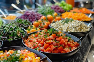 b'Various fresh vegetables and fruits on display at a salad bar'