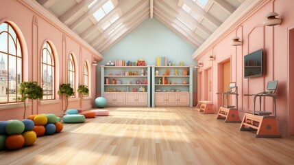 b'A brightly colored room with a vaulted ceiling and large windows'