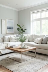 Fototapeta premium b'Bright and Airy Scandinavian Living Room With White Sofa and Neutral Rug'