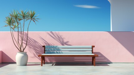 b'Blue bench in front of pink wall with potted palm tree'