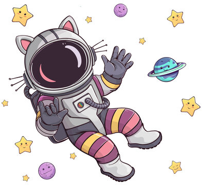Astronaut in a Cat Space Suite floating between smiling Stars and Planets