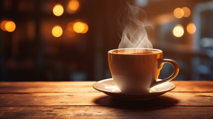 b'Aromatic cup of coffee on a wooden table against blurred background of warm lights'