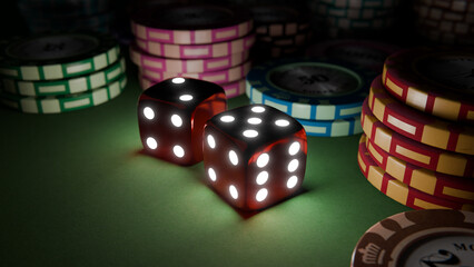 Realistic light emitting dots pair of dices closeup on green felt gambling table with casino chips