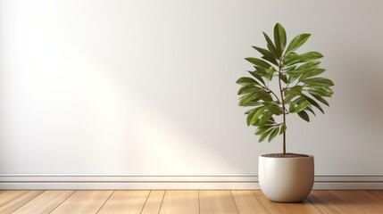b'A potted plant sits in front of a white wall.'
