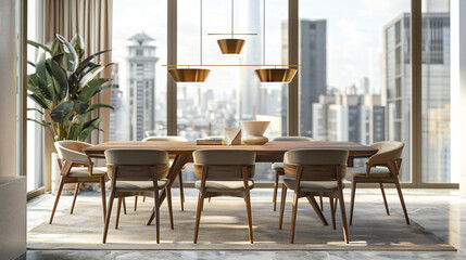 Urban Opulence: A Modern Dining Room in Luxury Living Space, Showcasing Sleek Wooden Furniture and Stylish Decorative Lamps Against a Breathtaking Cityscape Backdrop