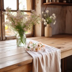 b'A beautiful bouquet of flowers on a wooden table near the window'