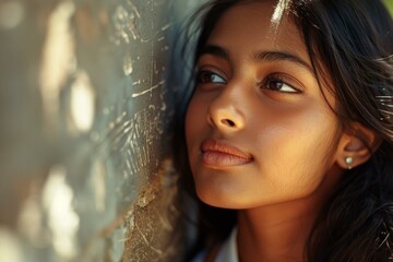 b'Portrait of a beautiful Indian girl leaning against a wall'