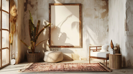 Nomadic Boho Charm: A Rustic 3D Frame Embedded in a Lively Bohemian Interior Setting